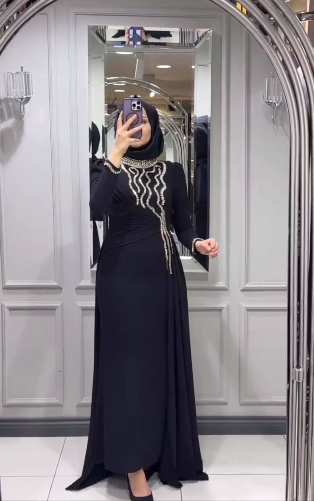 Turkish Modest Dress – Italian Double Fabric with Shiny Chest Accessory