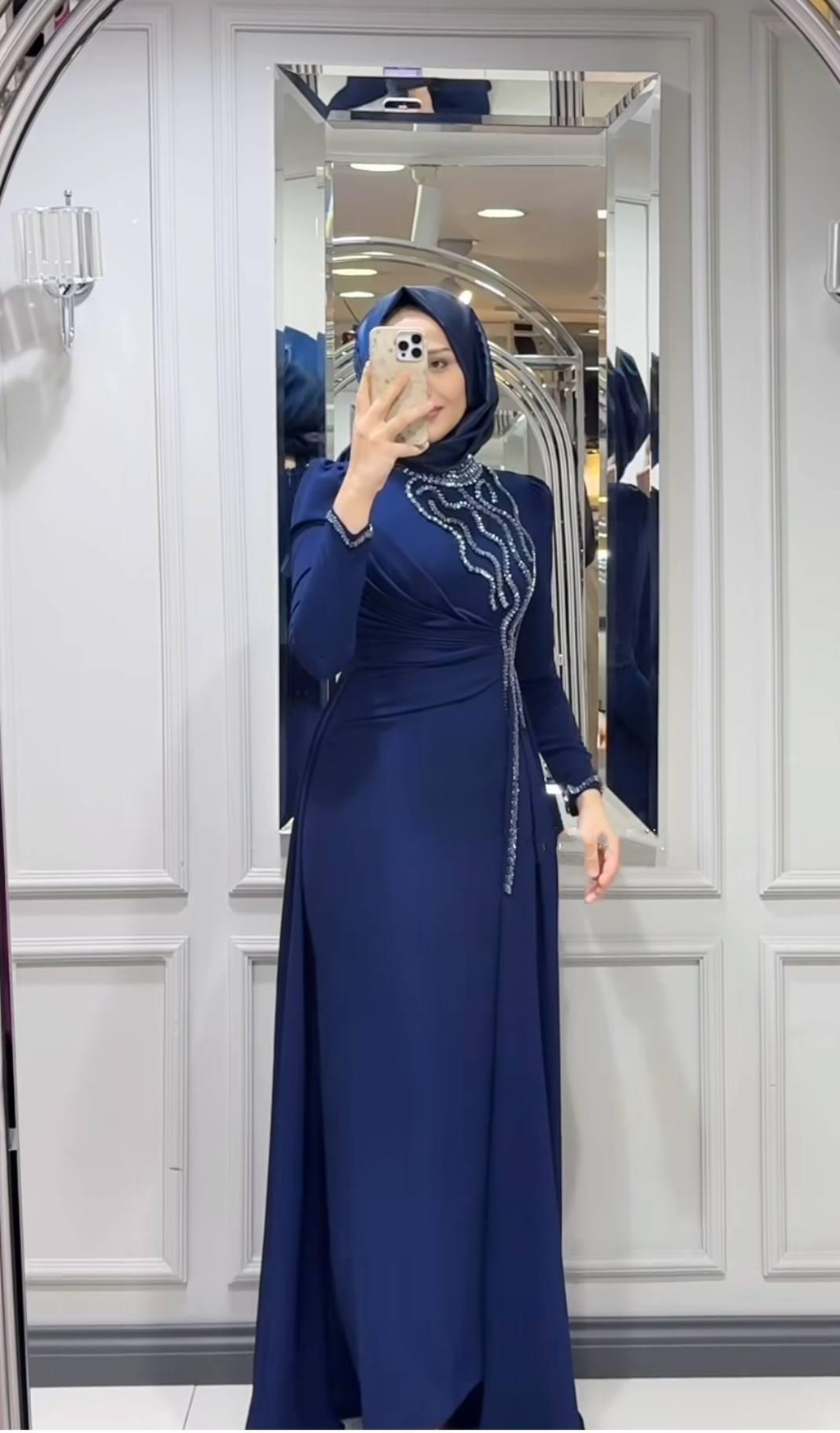 Turkish Modest Dress – Italian Double Fabric with Shiny Chest Accessory