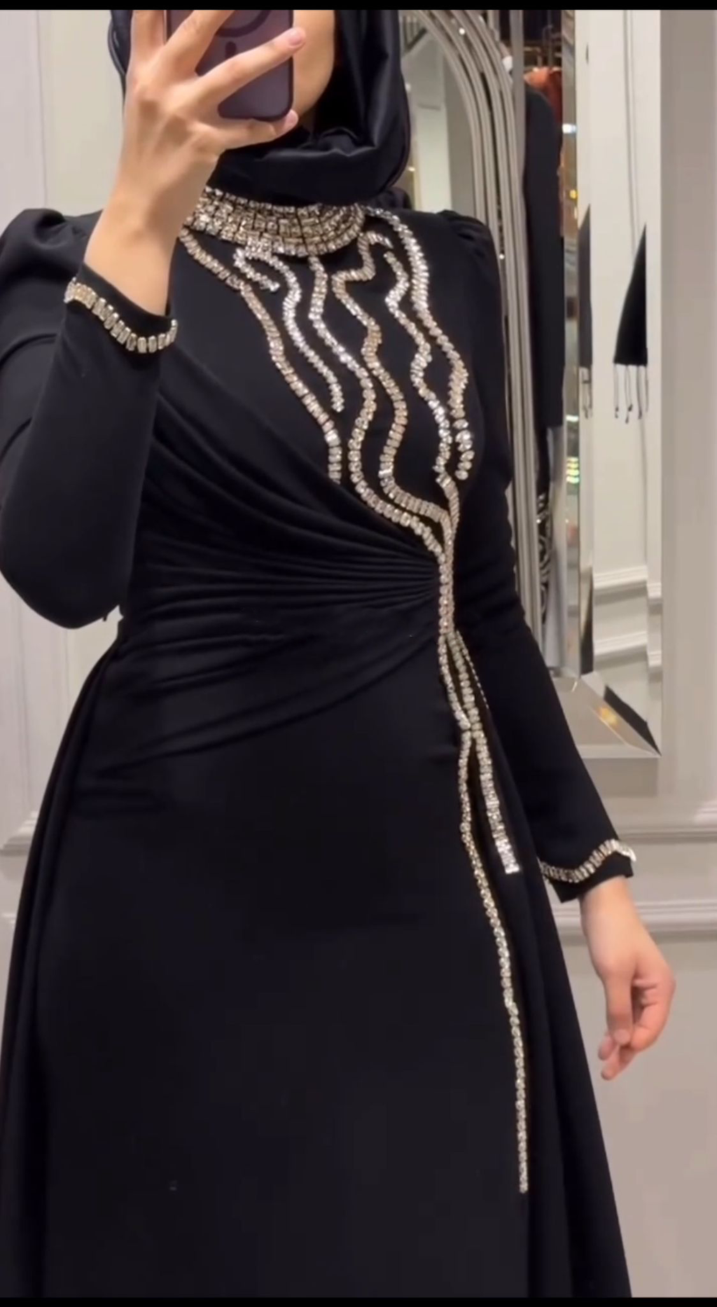 Turkish Modest Dress – Italian Double Fabric with Shiny Chest Accessory