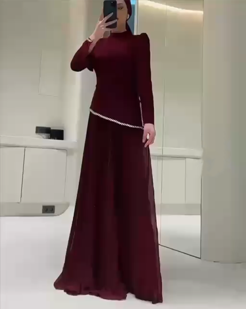 Turkish Modest Dress – Double Fabric with Chiffon & Diamond Details