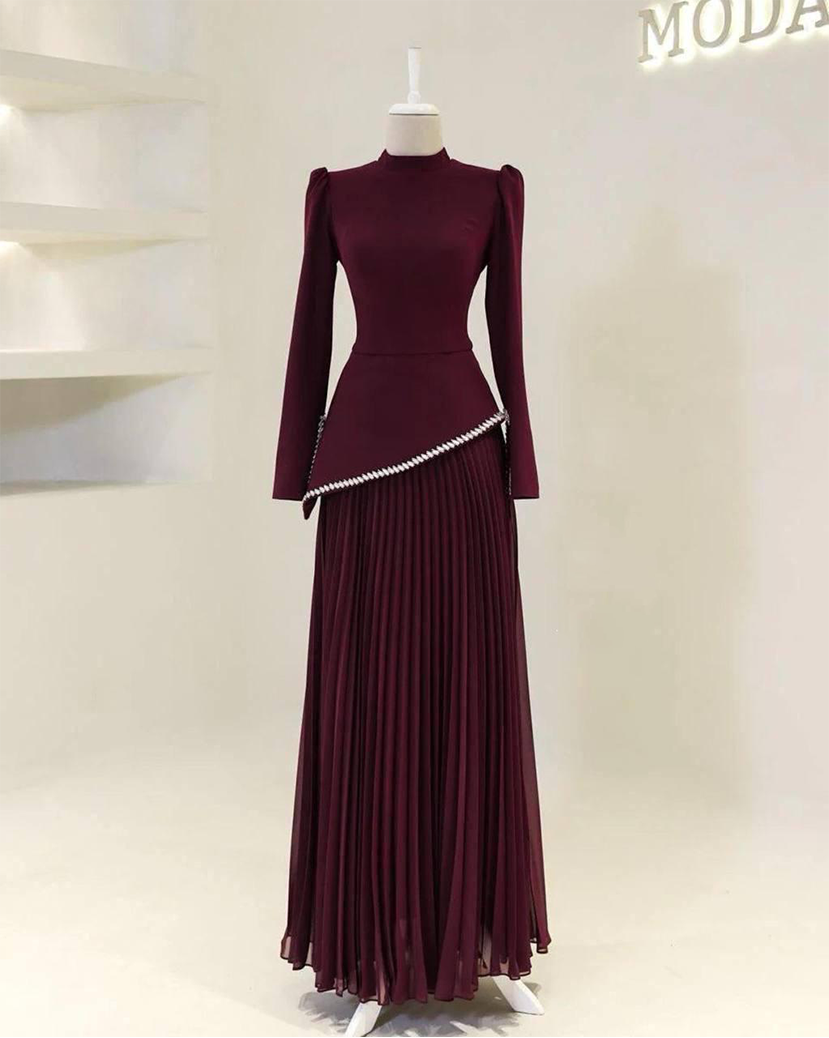 Turkish Modest Dress – Double Fabric with Chiffon & Diamond Details