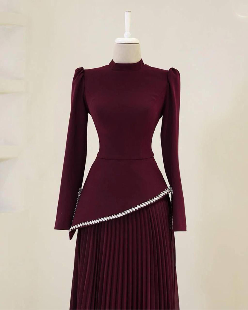 Turkish Modest Dress – Double Fabric with Chiffon & Diamond Details