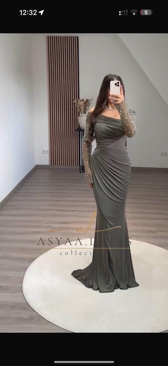 Evening Dress – Turkish Sandy Fabric with Diamond Stones & Chiffon Sleeves