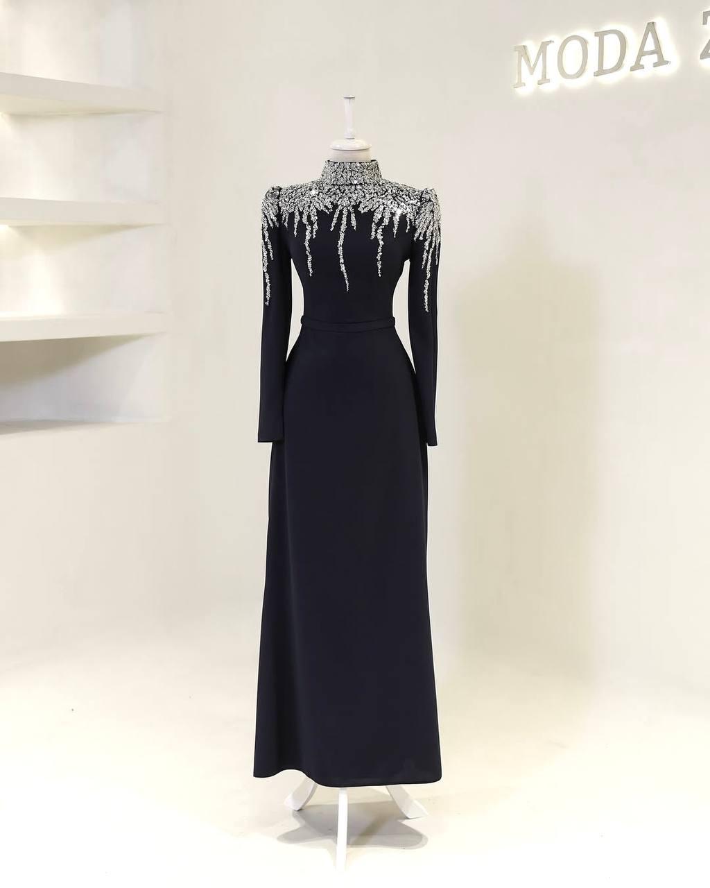 Turkish Double-Fabric Evening Dress with Shiny Accessory & Waist Belt