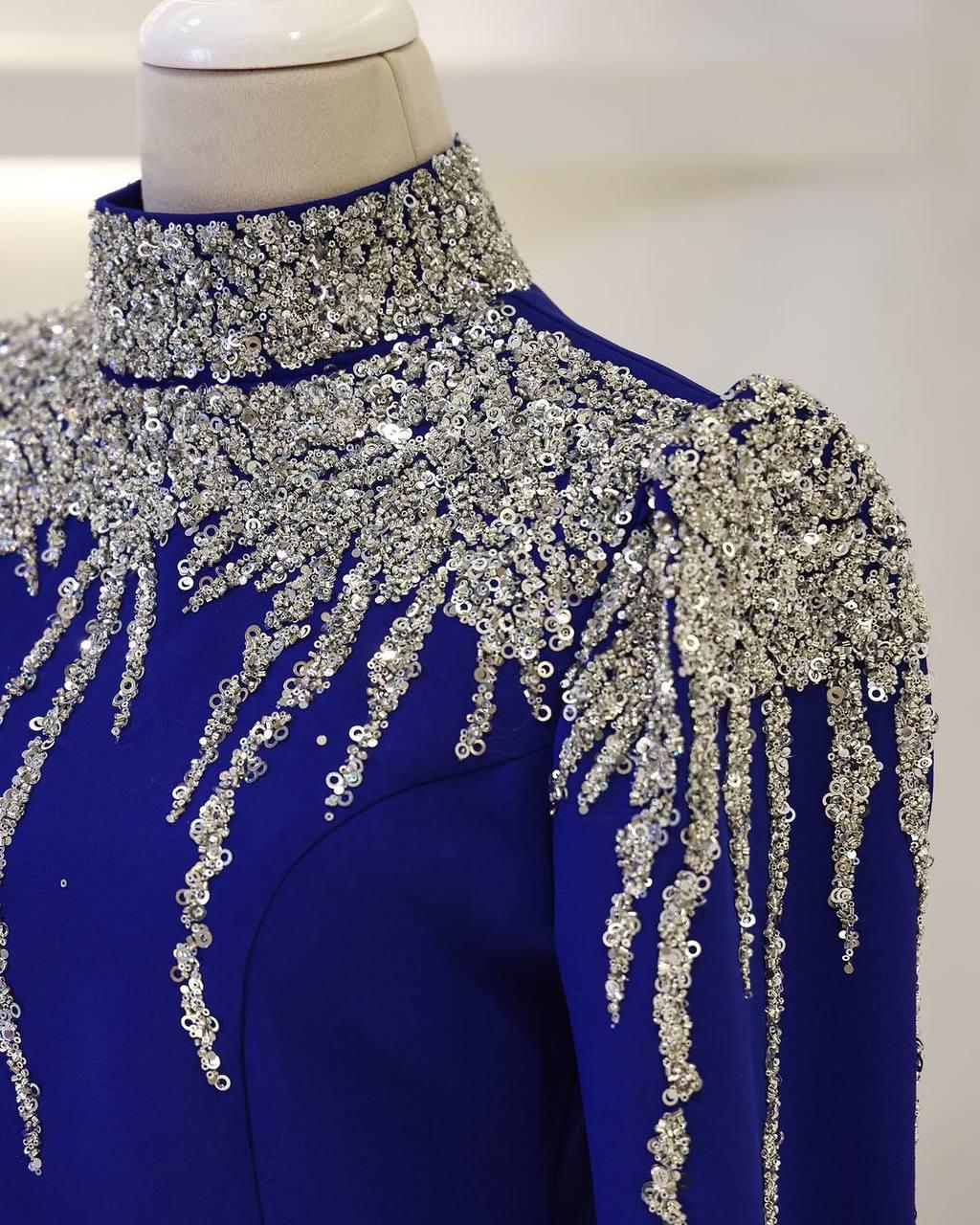 Turkish Double-Fabric Evening Dress with Shiny Accessory & Waist Belt