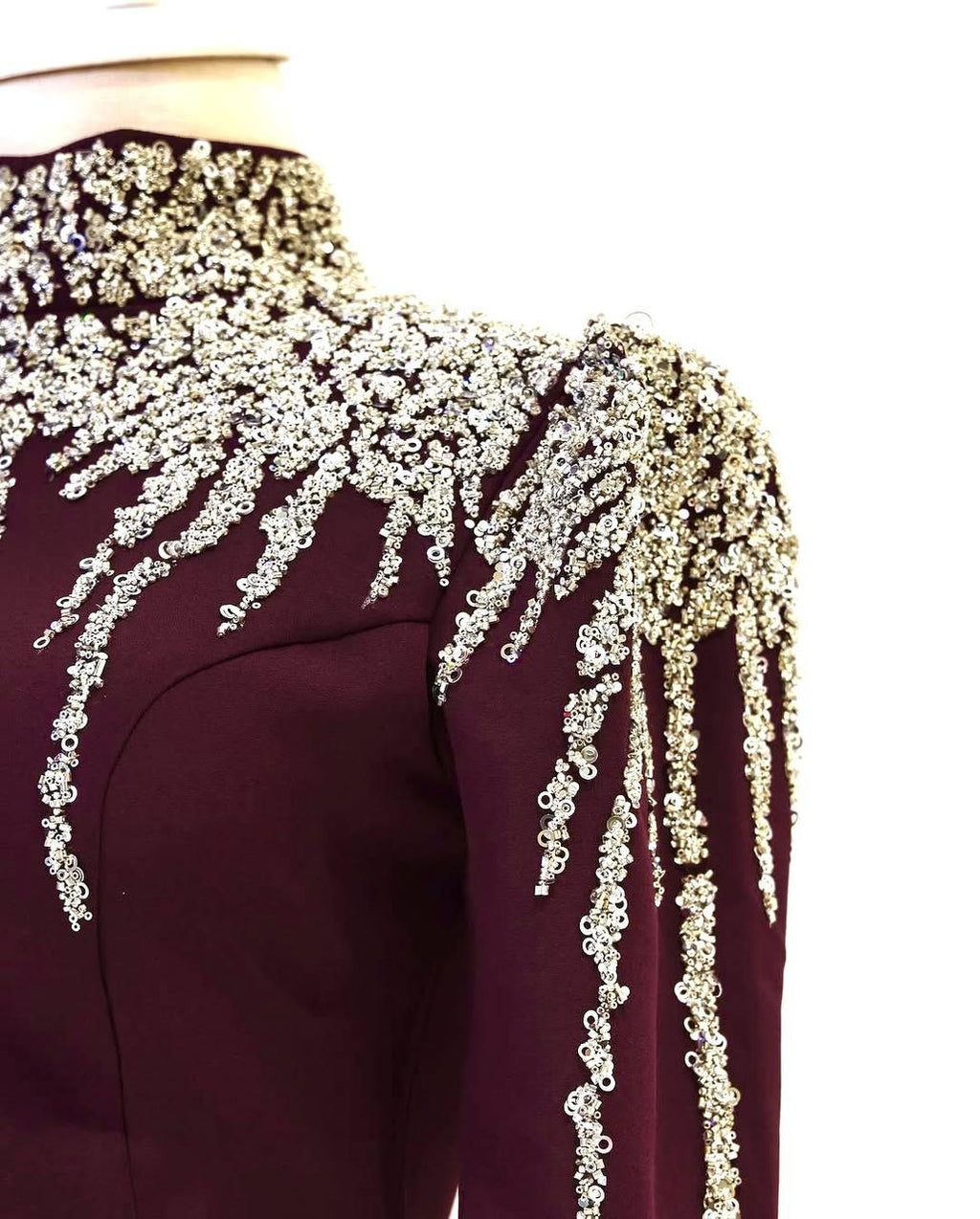 Turkish Double-Fabric Evening Dress with Shiny Accessory & Waist Belt