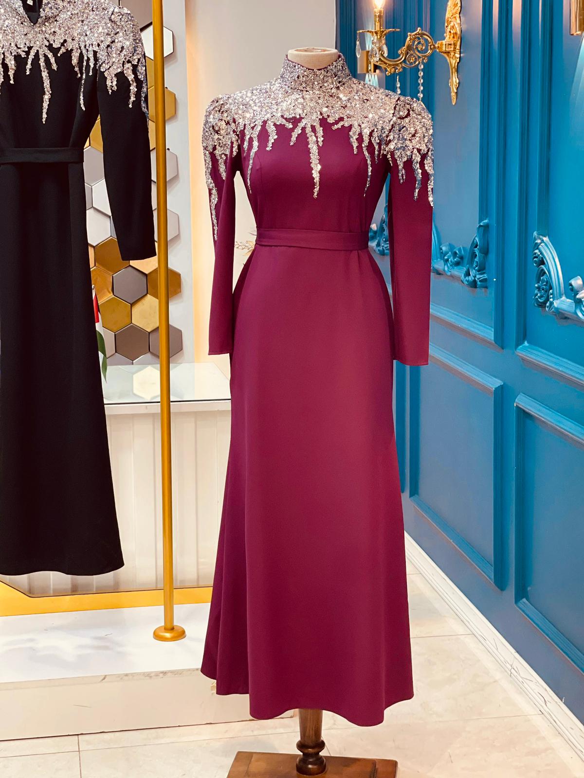 Turkish Double-Fabric Evening Dress with Shiny Accessory & Waist Belt