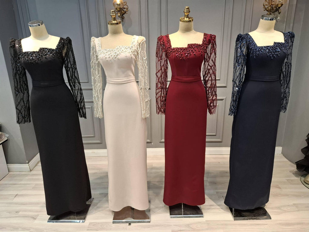 Evening Dress with Embroidered Sleeves – Italian Double Fabric