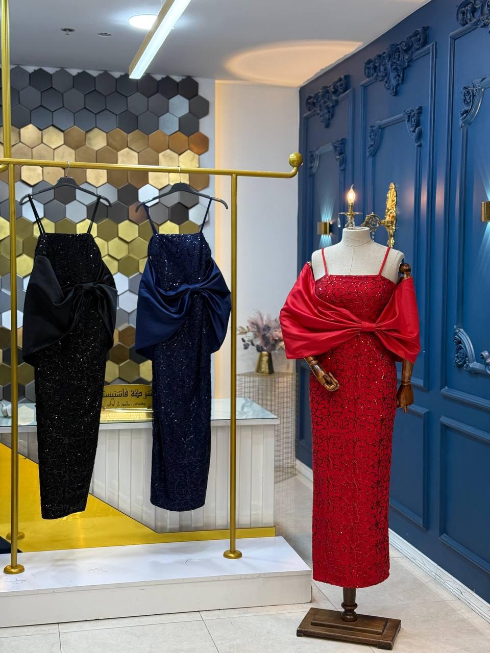 Fully Embroidered Evening Dress with Satin Neckline