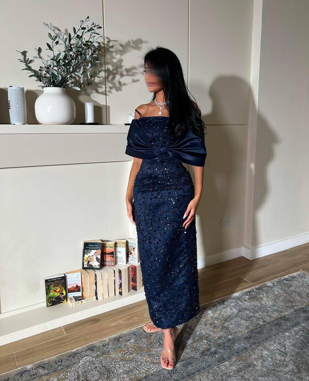 Fully Embroidered Evening Dress with Satin Neckline