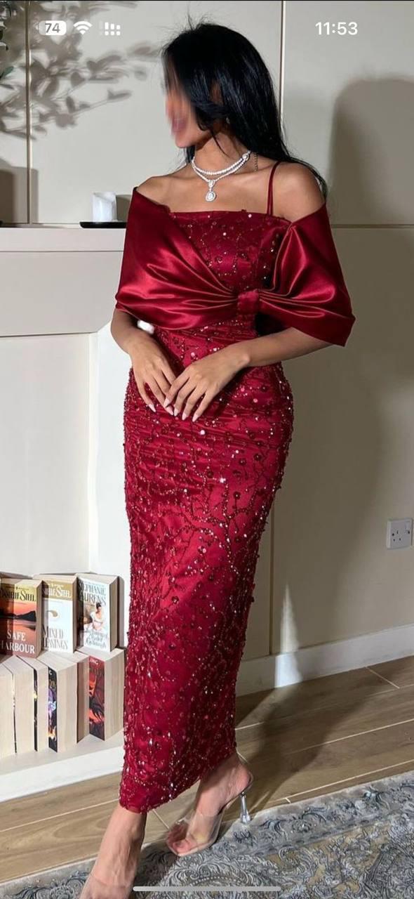 Fully Embroidered Evening Dress with Satin Neckline
