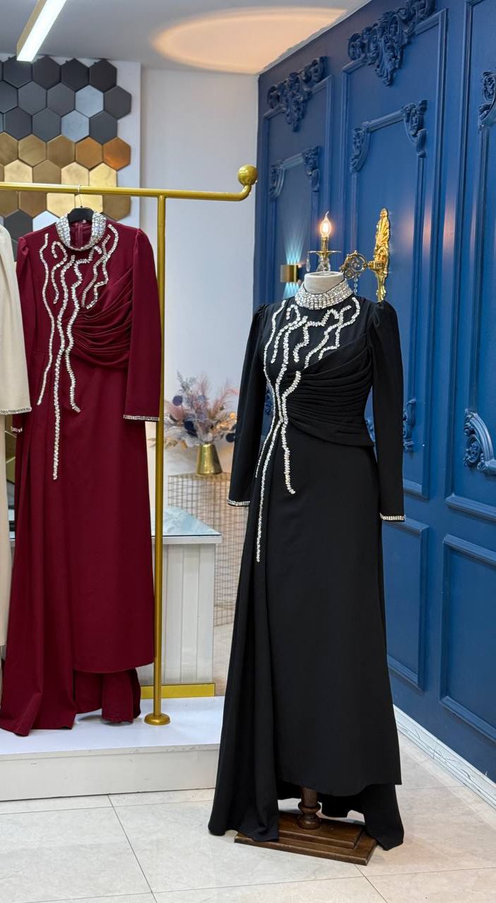Turkish Modest Dress – Italian Double Fabric with Shiny Chest Accessory