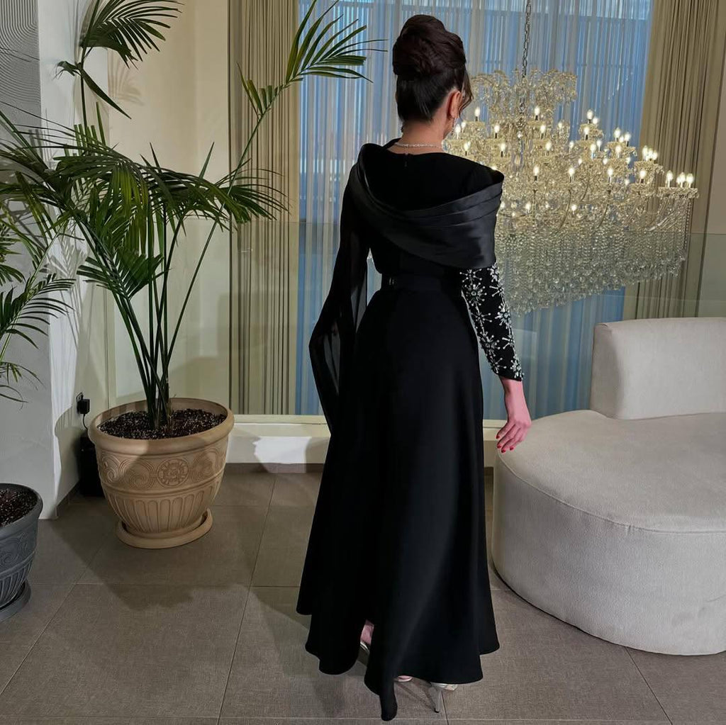 Embellished Korean Double-Fabric Jumpsuit with Long Shoulder Shawl