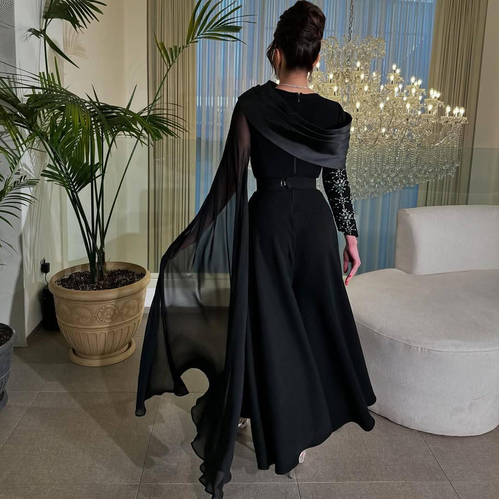 Embellished Korean Double-Fabric Jumpsuit with Long Shoulder Shawl