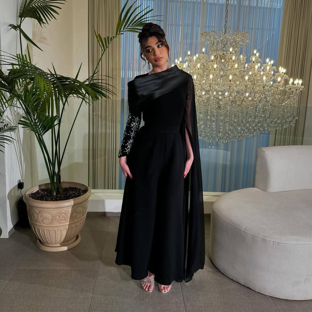 Embellished Korean Double-Fabric Jumpsuit with Long Shoulder Shawl