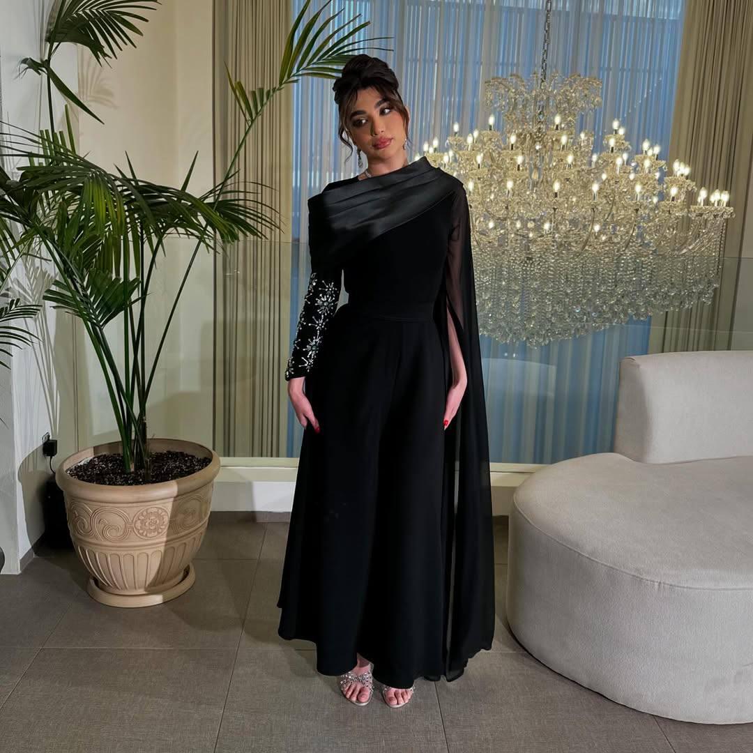 Embellished Korean Double-Fabric Jumpsuit with Long Shoulder Shawl