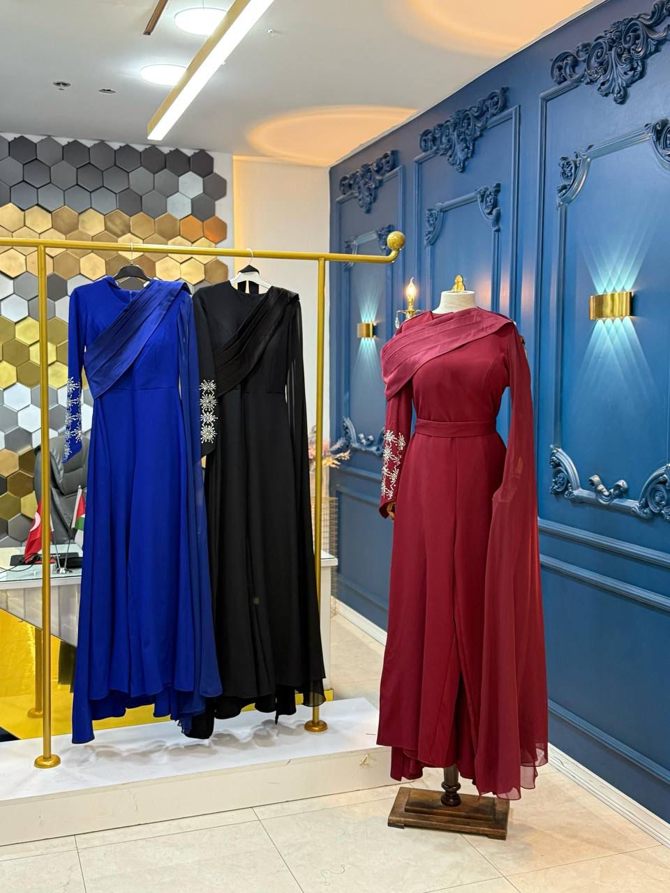 Embellished Korean Double-Fabric Jumpsuit with Long Shoulder Shawl