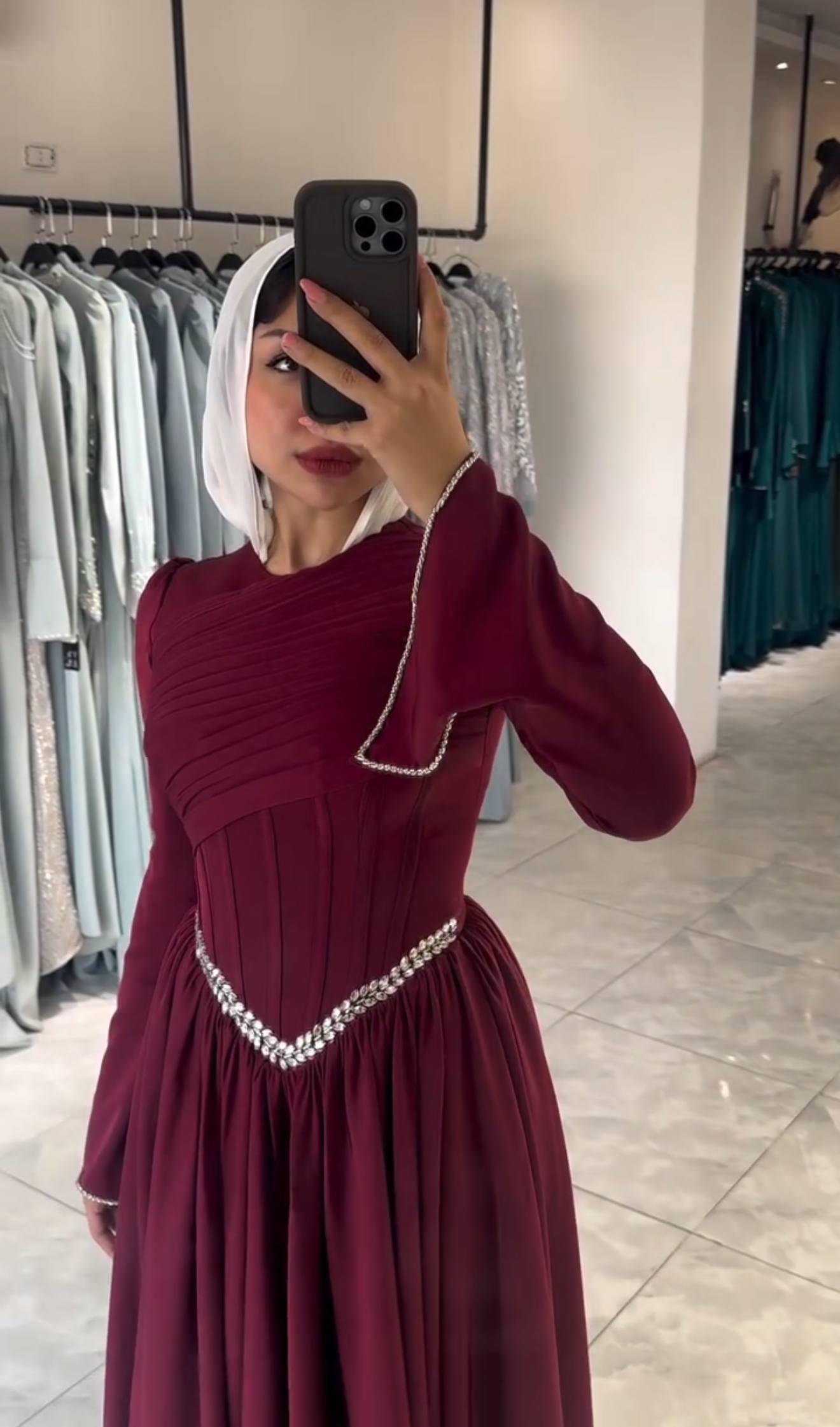 Turkish Modest Occasion Dress – Scuba Fabric with Diamond Waist Accessory