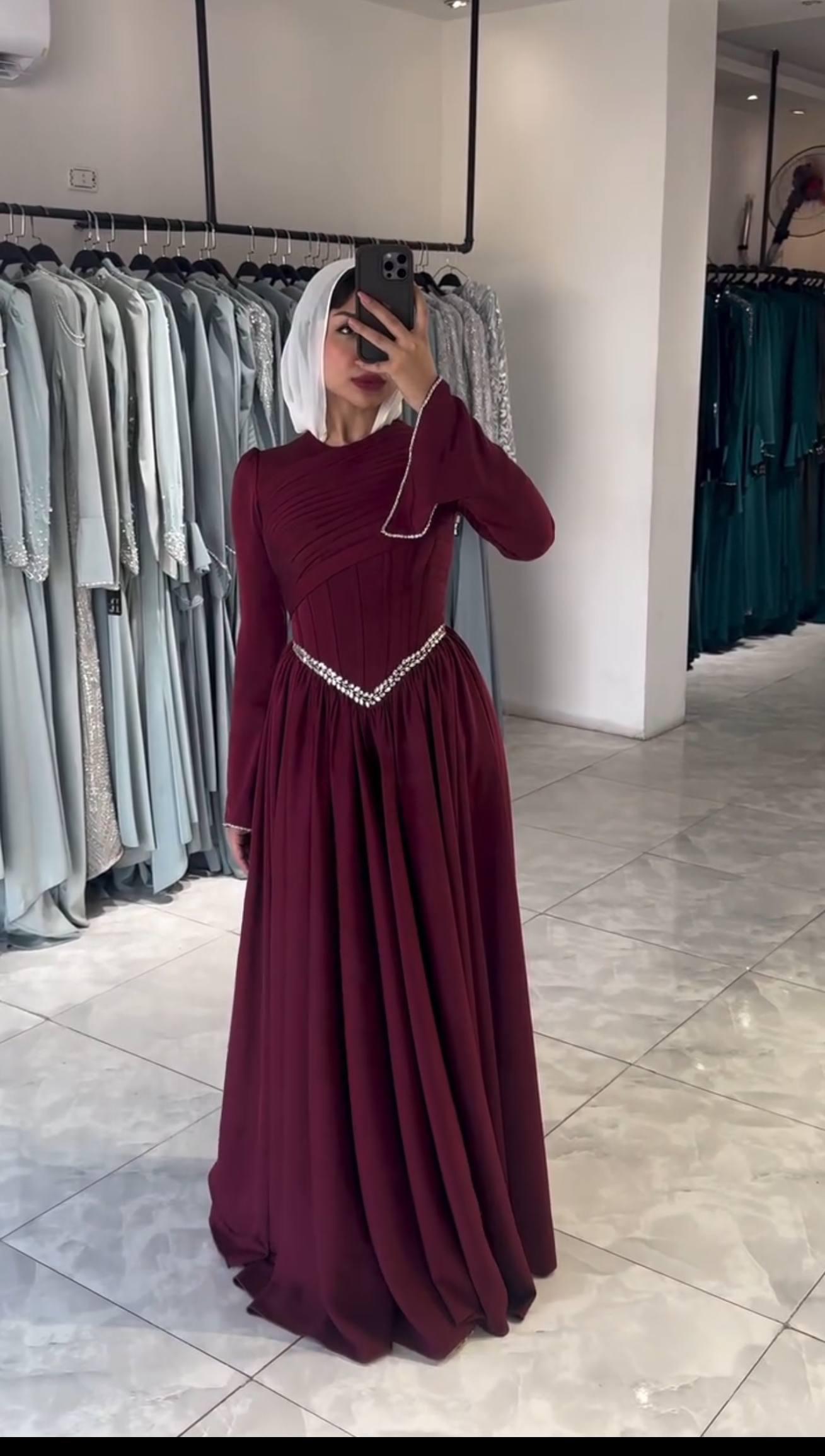 Turkish Modest Occasion Dress – Scuba Fabric with Diamond Waist Accessory