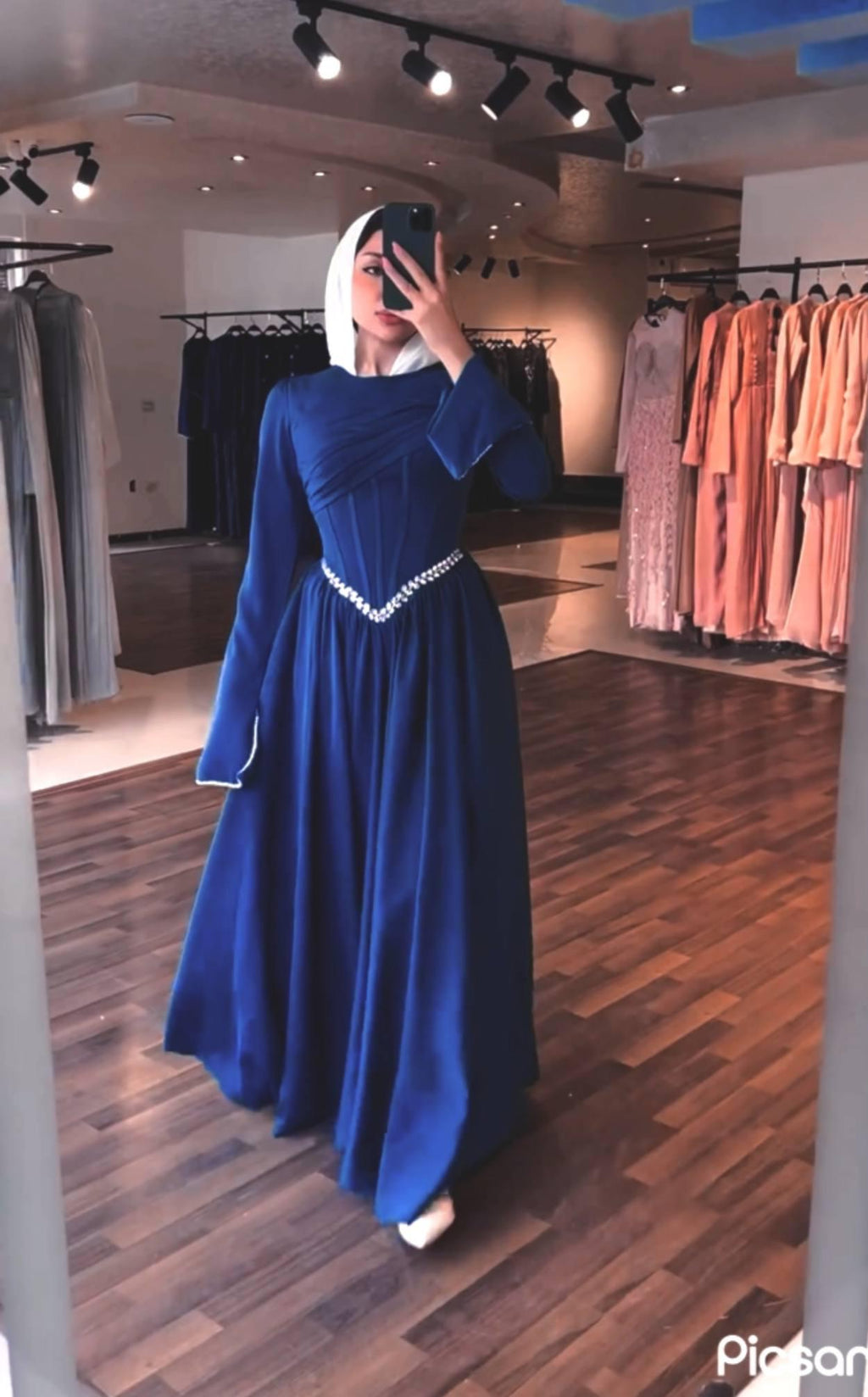 Turkish Modest Occasion Dress – Scuba Fabric with Diamond Waist Accessory