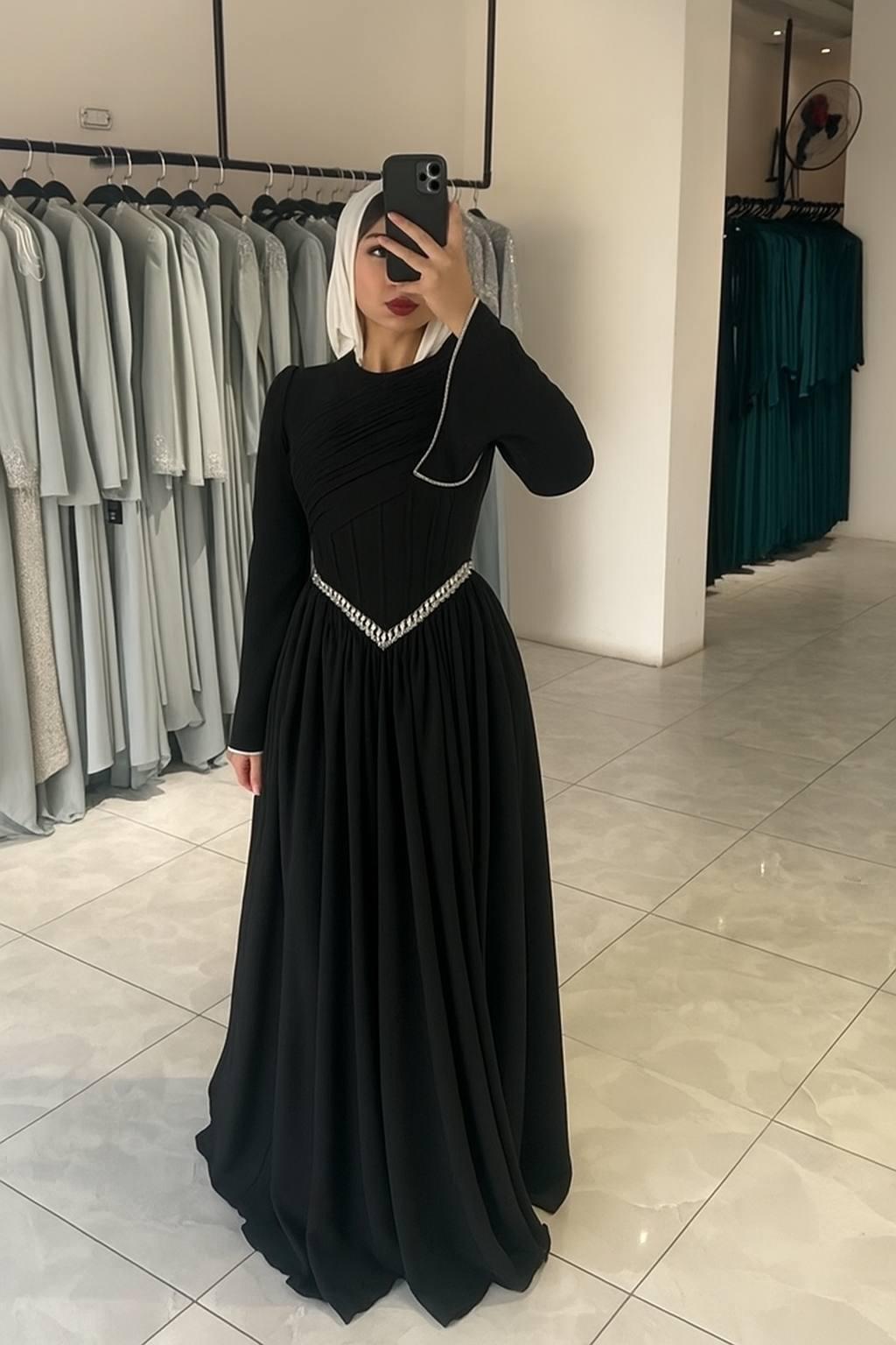 Turkish Modest Occasion Dress – Scuba Fabric with Diamond Waist Accessory