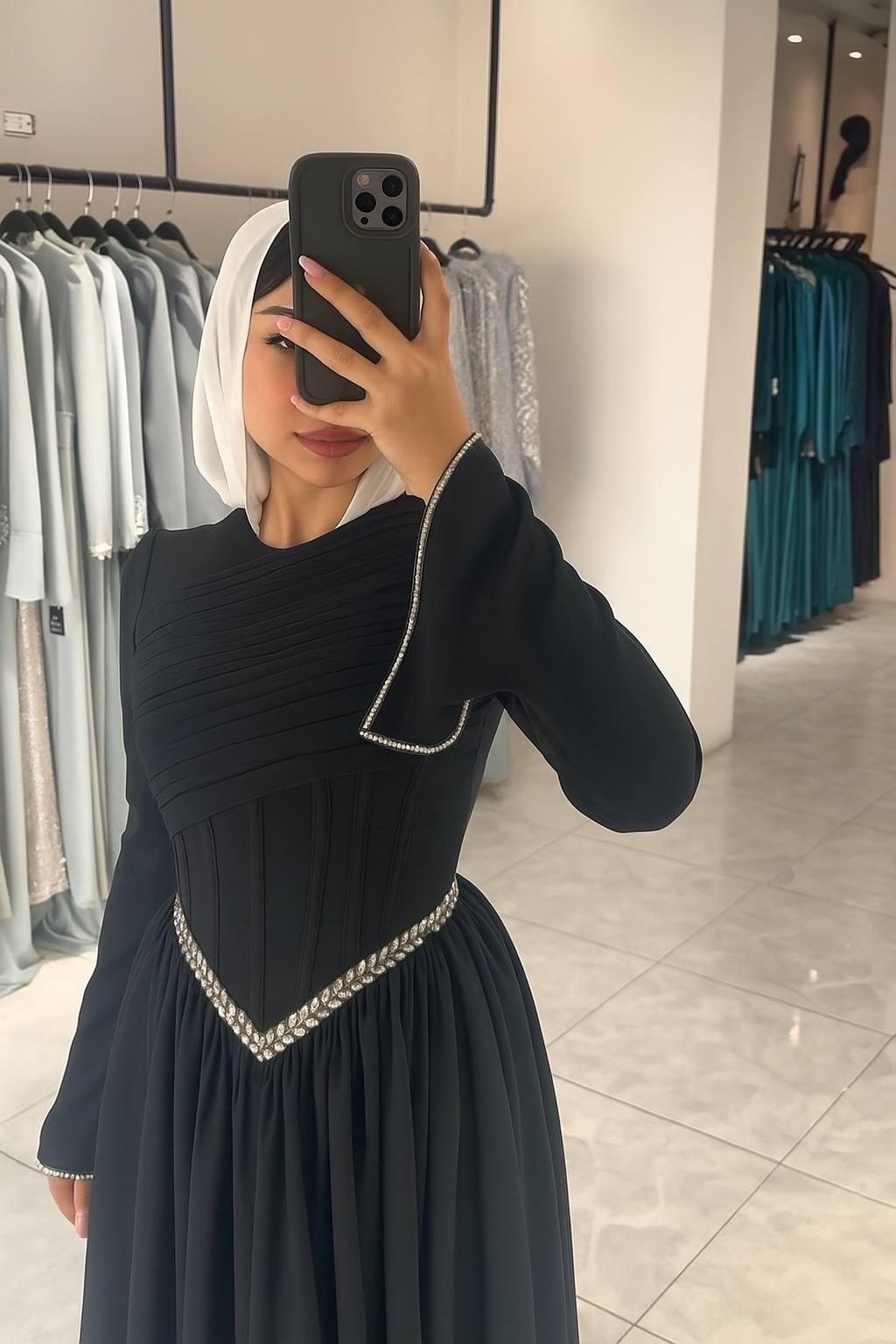 Turkish Modest Occasion Dress – Scuba Fabric with Diamond Waist Accessory