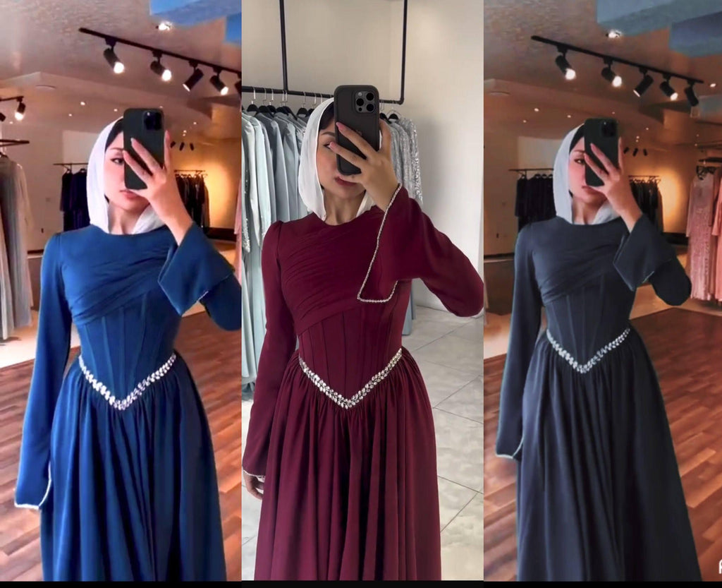 Turkish Modest Occasion Dress – Scuba Fabric with Diamond Waist Accessory