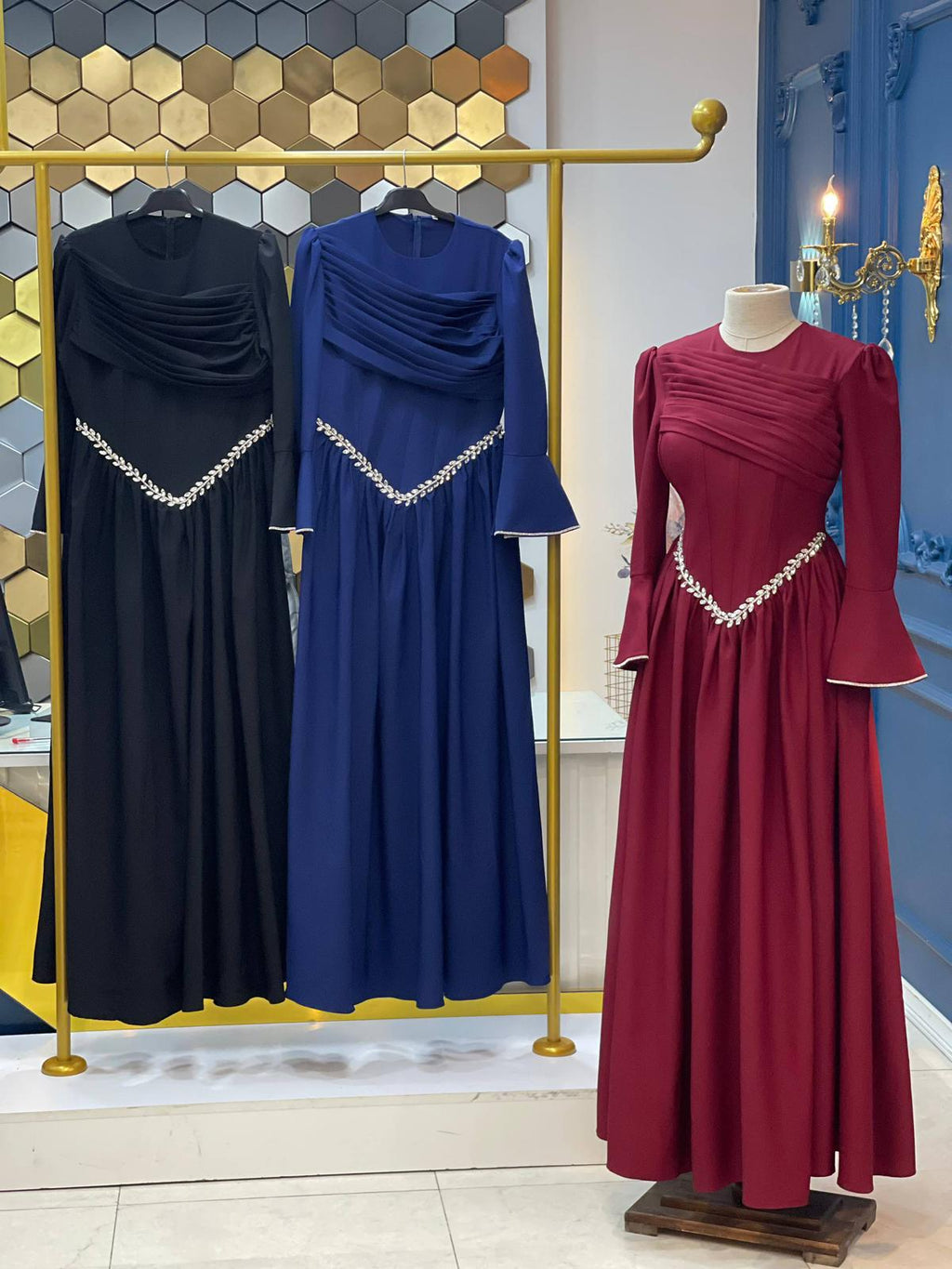 Turkish Modest Occasion Dress – Scuba Fabric with Diamond Waist Accessory