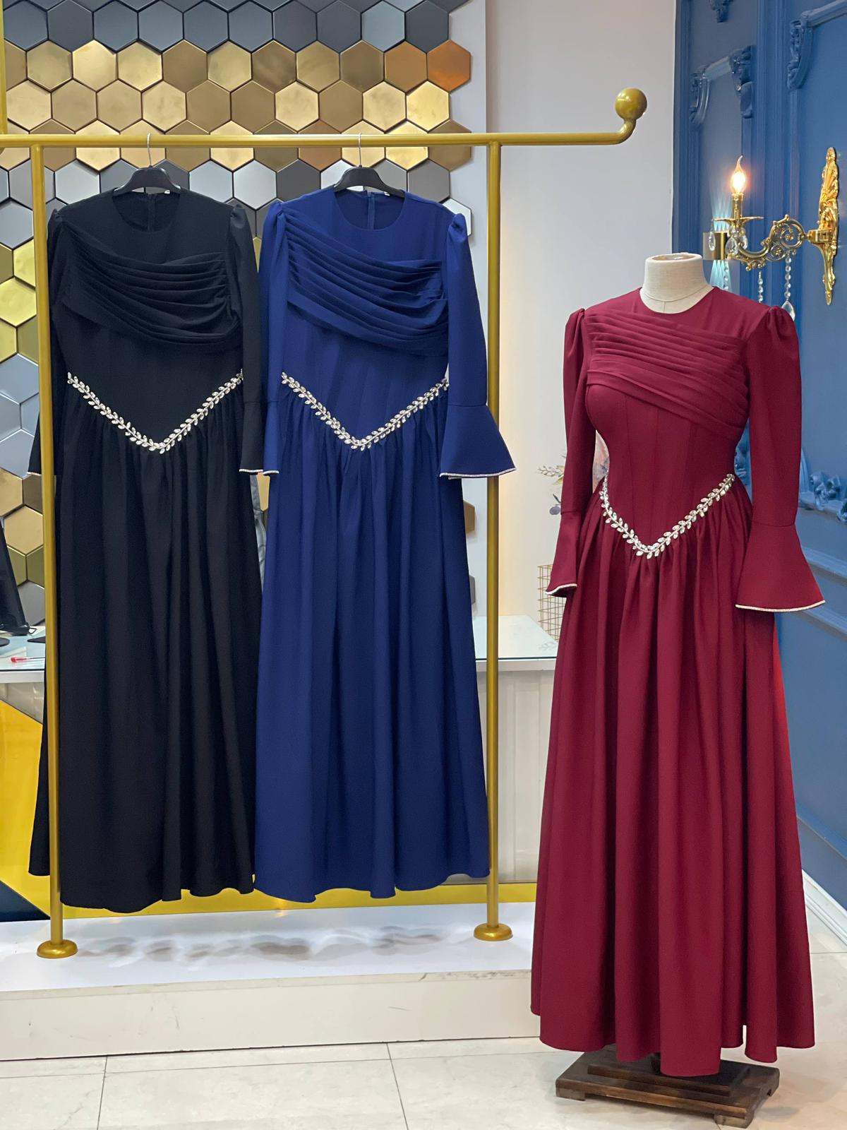 Turkish Modest Occasion Dress – Scuba Fabric with Diamond Waist Accessory