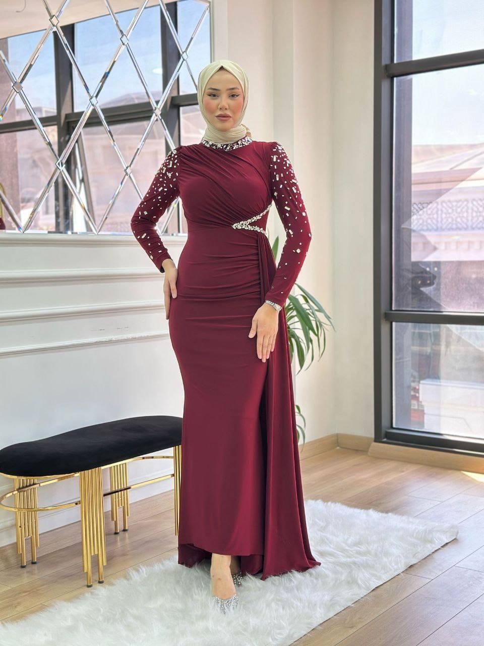 Turkish-Style Modest Dress – Sandy Lycra with Diamond Waist & Sleeve Accessory