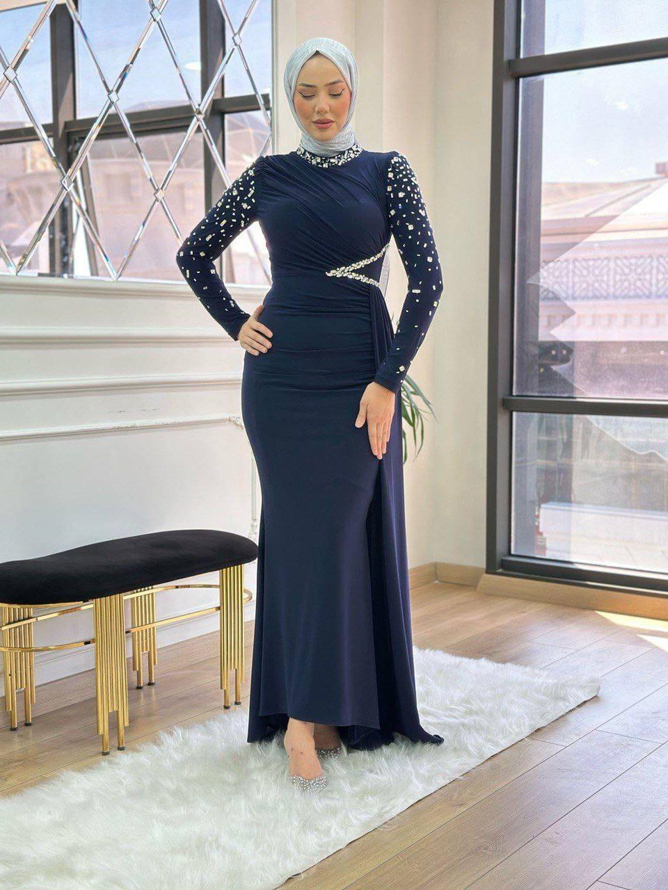 Turkish-Style Modest Dress – Sandy Lycra with Diamond Waist & Sleeve Accessory