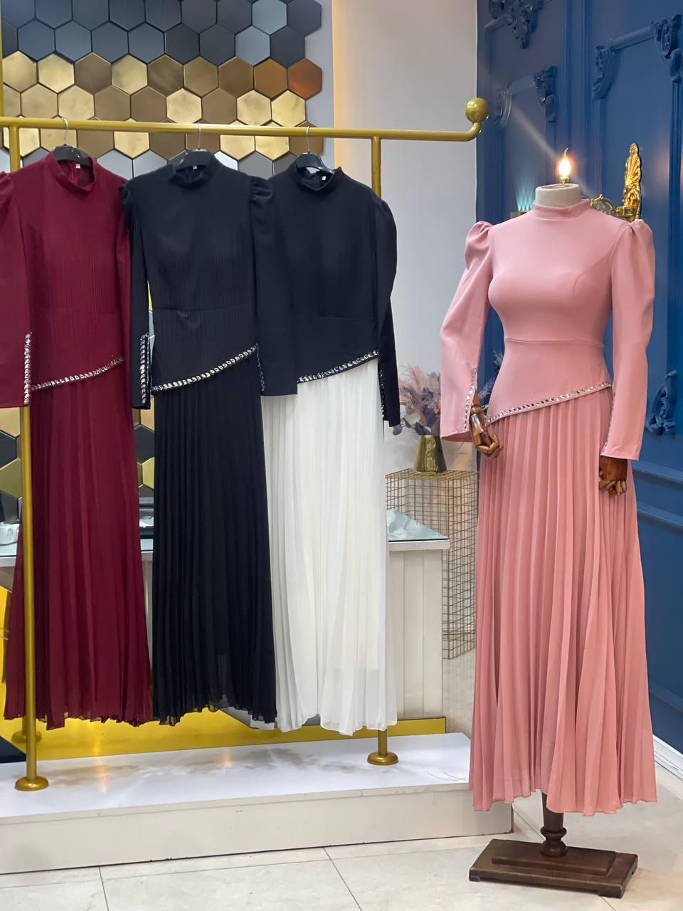 Turkish Modest Dress – Double Fabric with Chiffon & Diamond Details