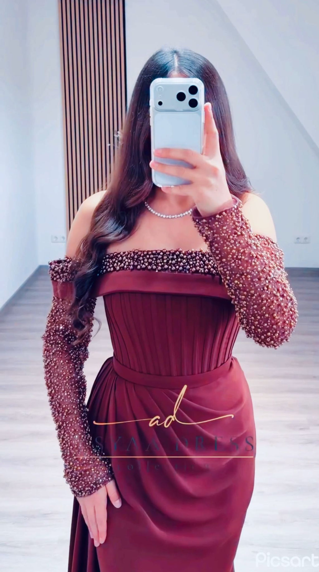 Turkish Evening Dress – Dail Fabric with Pearl Embellishments