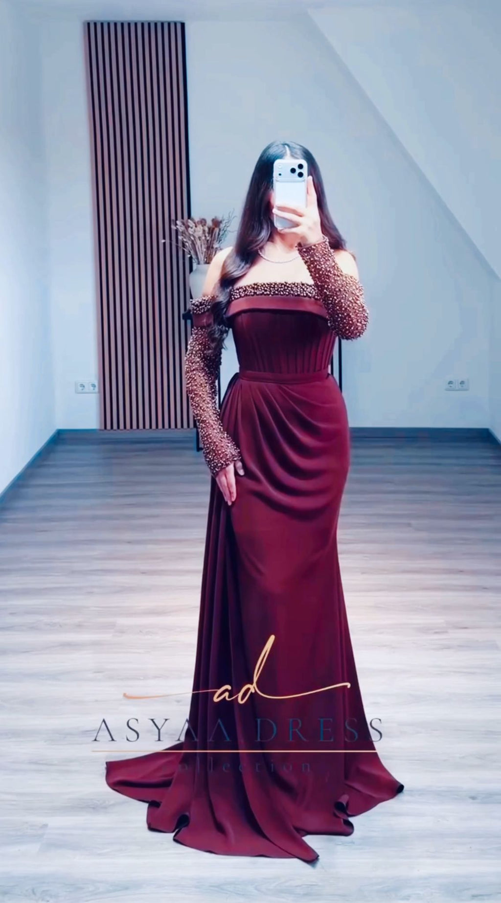 Turkish Evening Dress – Dail Fabric with Pearl Embellishments