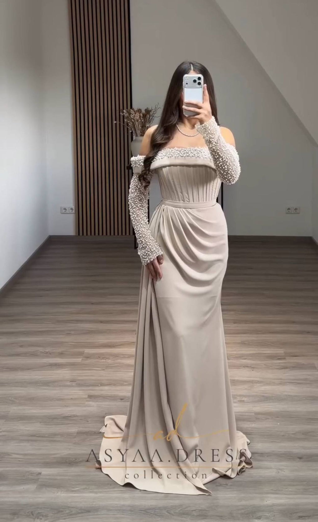 Turkish Evening Dress – Dail Fabric with Pearl Embellishments