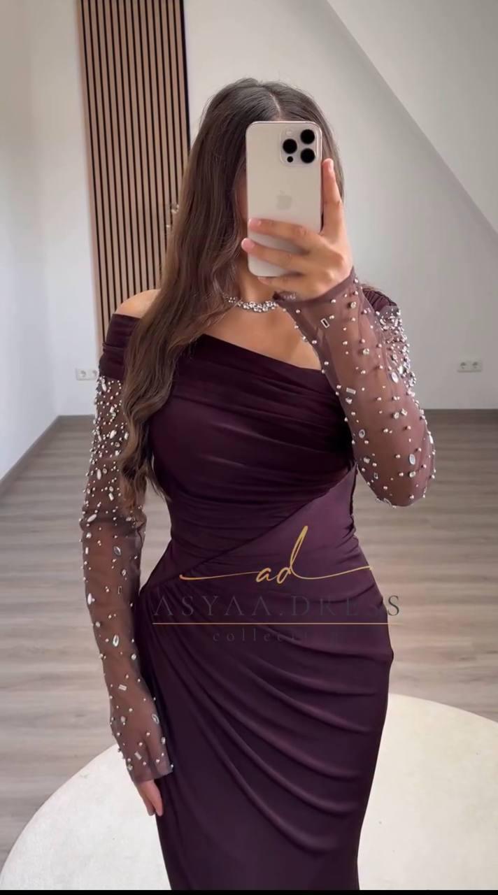 Evening Dress – Turkish Sandy Fabric with Diamond Stones & Chiffon Sleeves