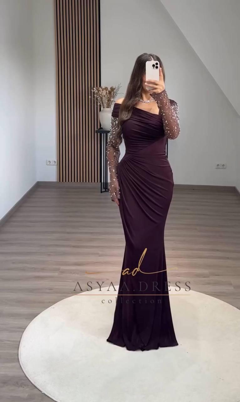 Evening Dress – Turkish Sandy Fabric with Diamond Stones & Chiffon Sleeves