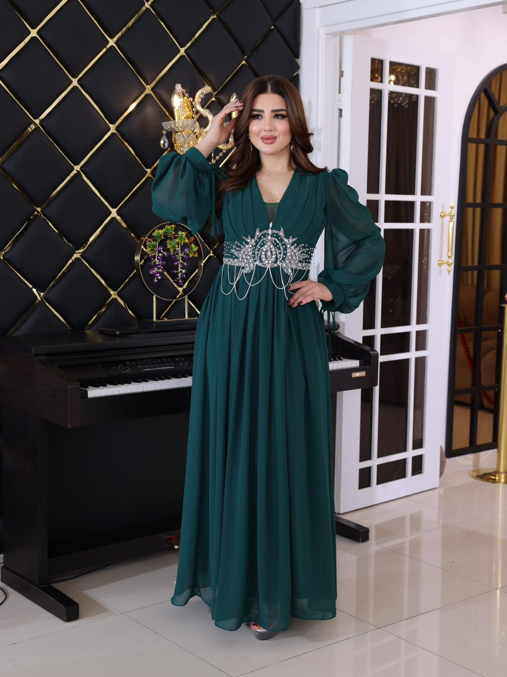 Plus-Size Modest Dress – Chiffon with Diamond & Chain Waist Detail