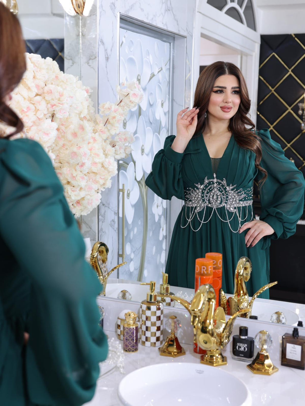 Plus-Size Modest Dress – Chiffon with Diamond & Chain Waist Detail