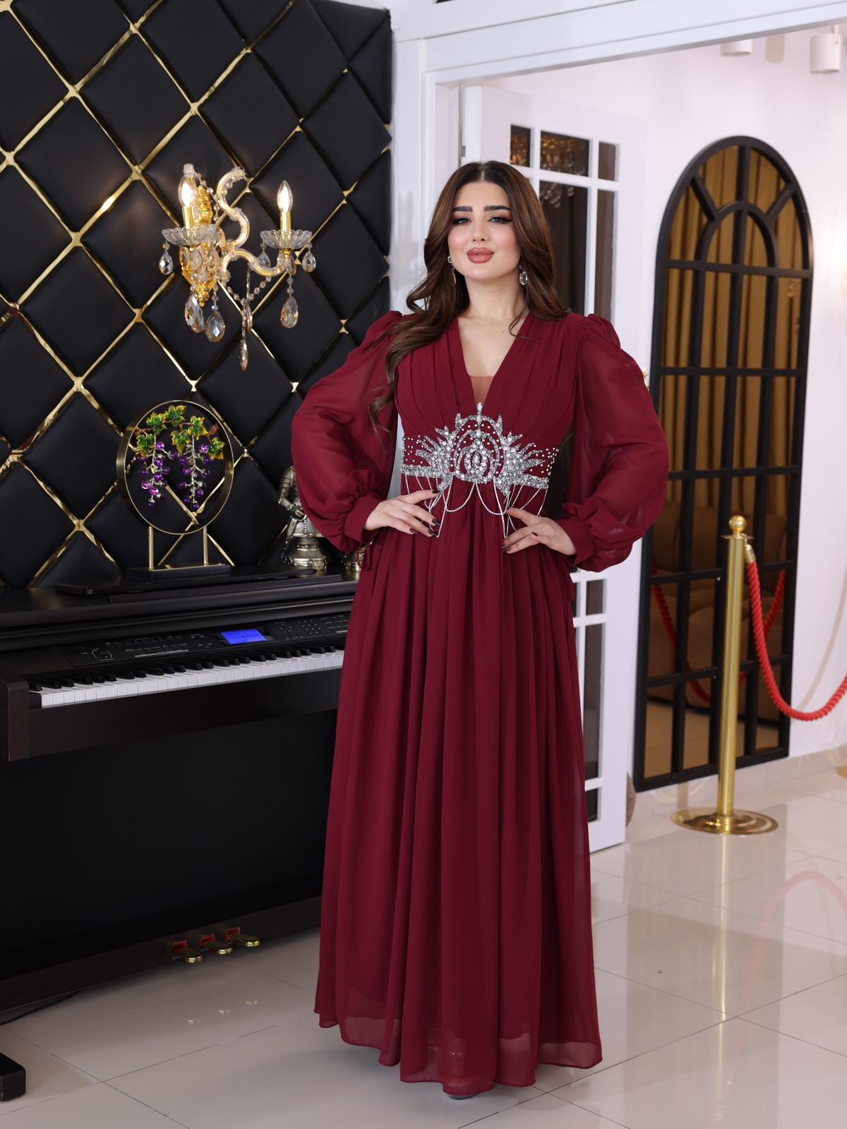 Plus-Size Modest Dress – Chiffon with Diamond & Chain Waist Detail