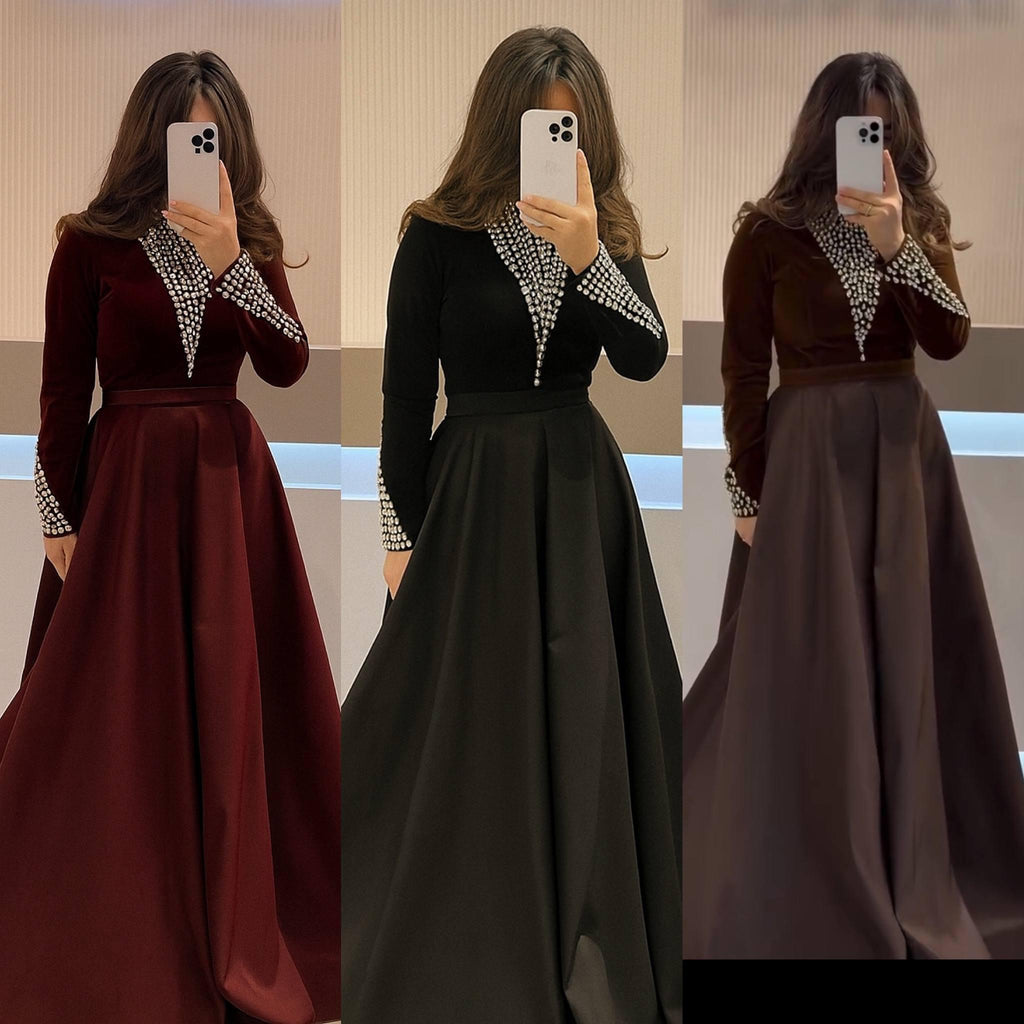 Modest Evening Dress – Velvet & Satin with Pearl Embellishments
