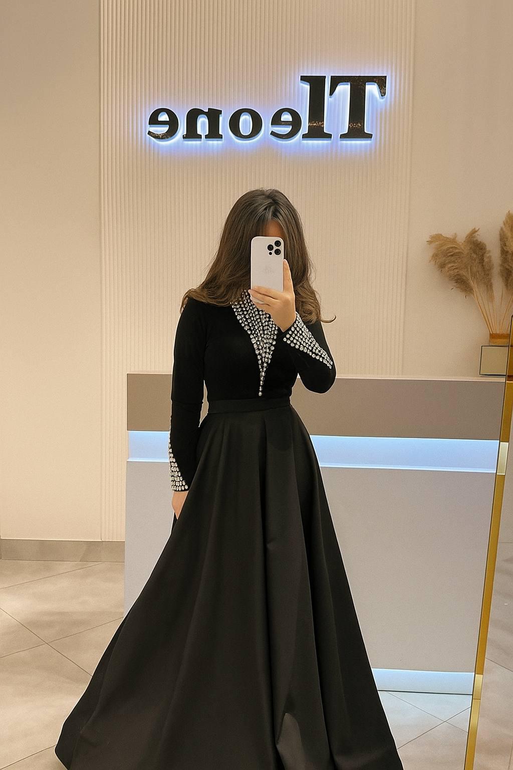Modest Evening Dress – Velvet & Satin with Pearl Embellishments