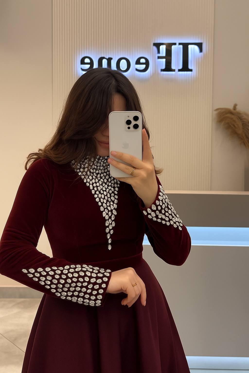 Modest Evening Dress – Velvet & Satin with Pearl Embellishments