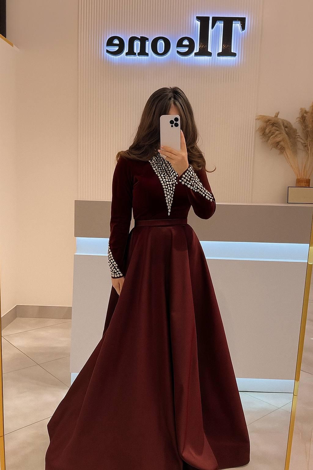 Modest Evening Dress – Velvet & Satin with Pearl Embellishments