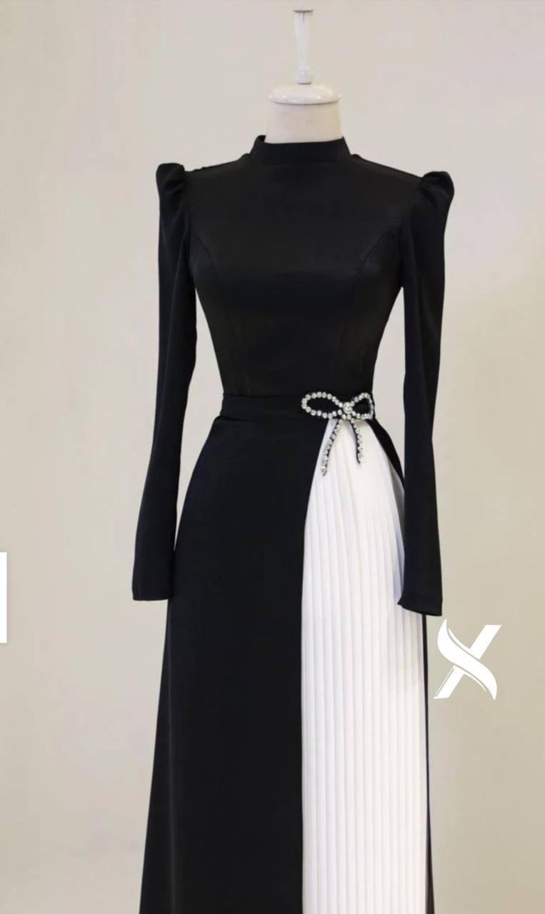 Modest Evening Dress – Turkish Crepe with Diamond Bow Waist Accessory