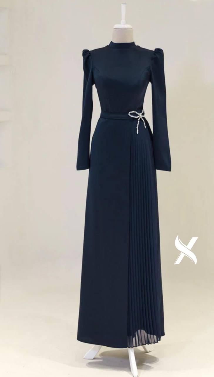 Modest Evening Dress – Turkish Crepe with Diamond Bow Waist Accessory