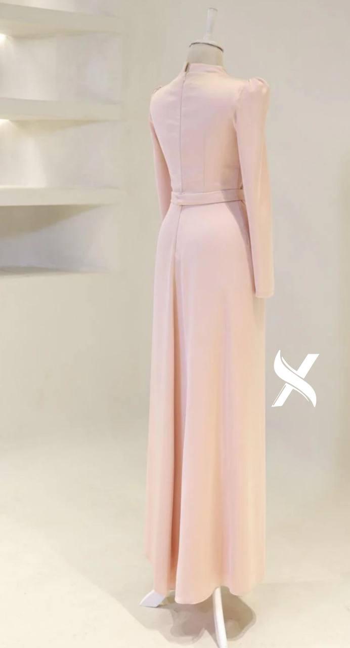 Modest Evening Dress – Turkish Crepe with Diamond Bow Waist Accessory