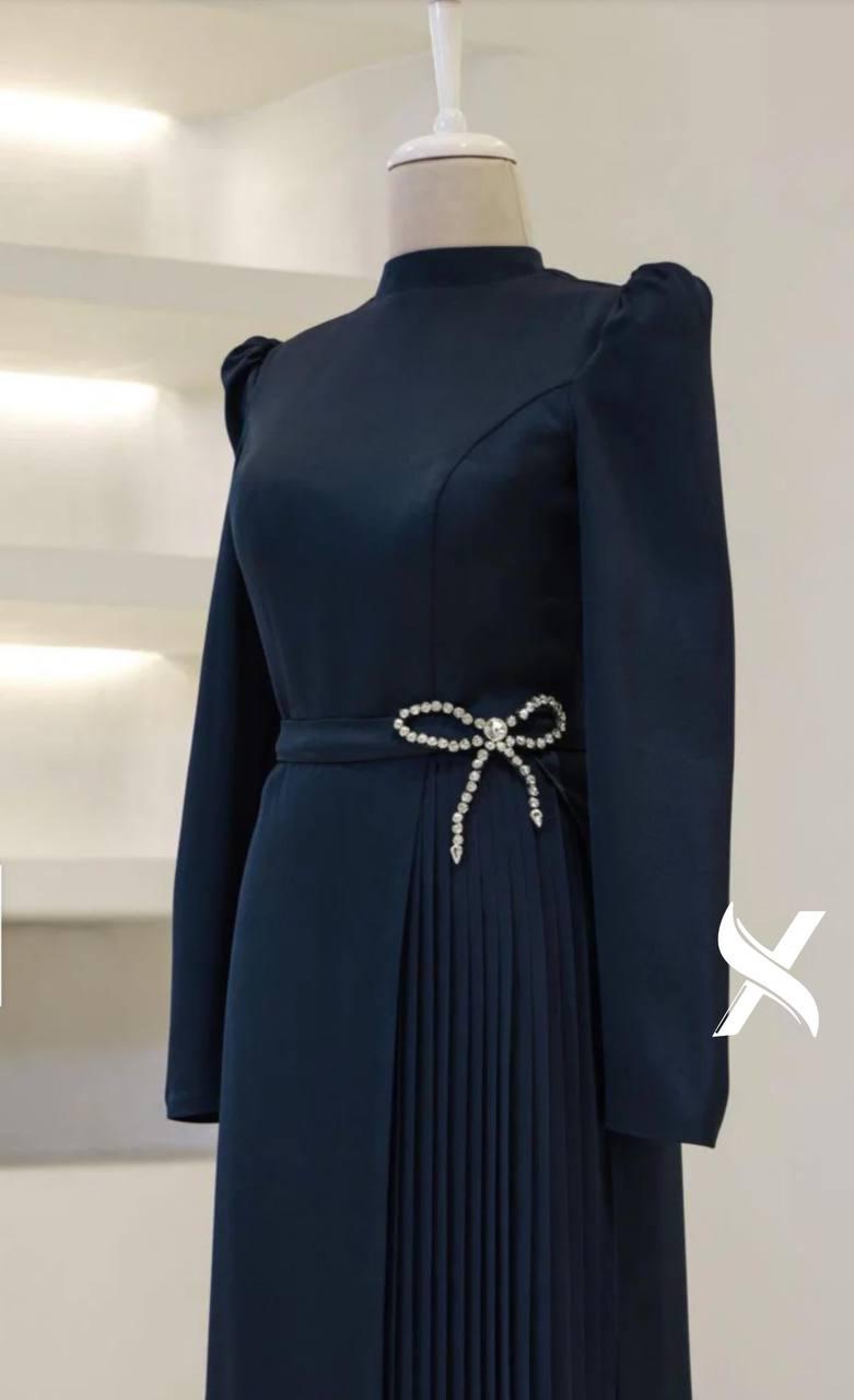 Modest Evening Dress – Turkish Crepe with Diamond Bow Waist Accessory