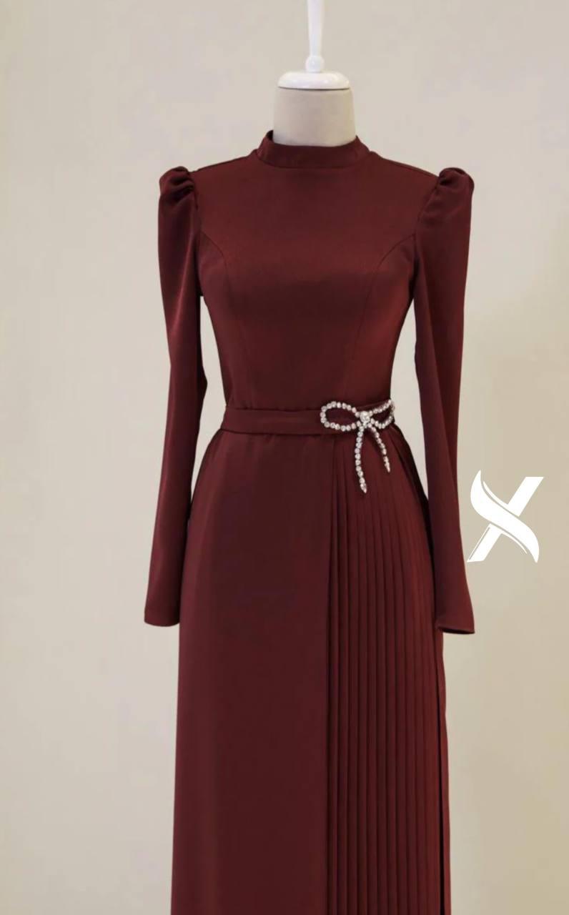 Modest Evening Dress – Turkish Crepe with Diamond Bow Waist Accessory