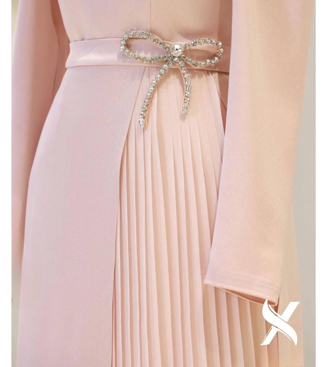 Modest Evening Dress – Turkish Crepe with Diamond Bow Waist Accessory